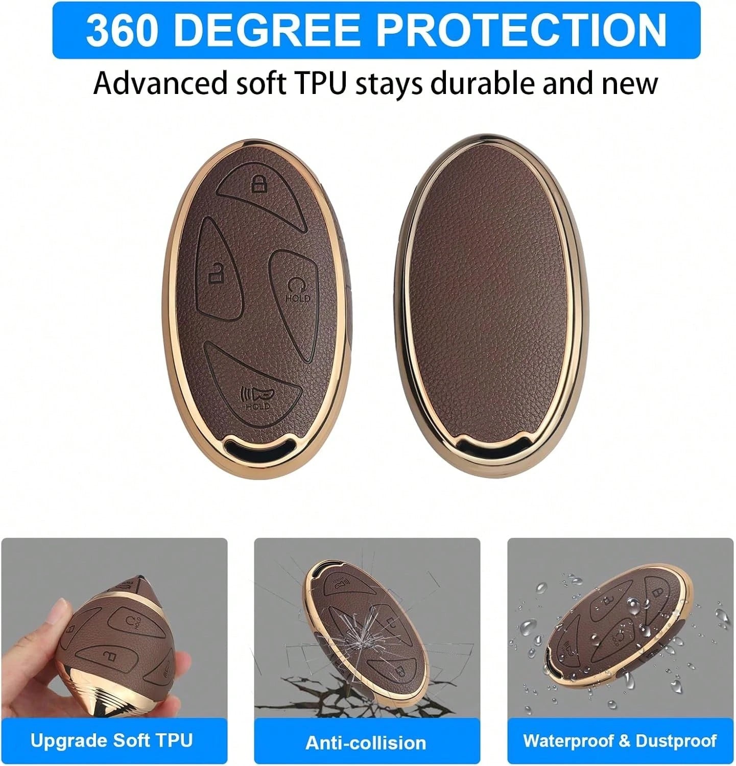 QBUC Fob Cover With Chain, Upper Leather + Soft TPU Car Ioniq 6 Grandeur GN7 Elanrtra Santa Fe Tucson (2023-2025) (Brown, 5 Buttons)