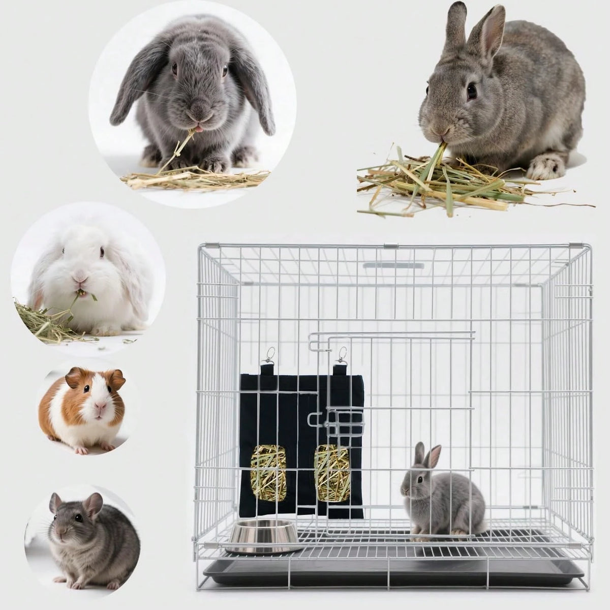 Rabbit Hay Feeder Bag Hanging Guinea Pig Hay Feeder With 2 Holes For Chinchilla Hamster Bunny Small Animal Pet Storage Pouch Black