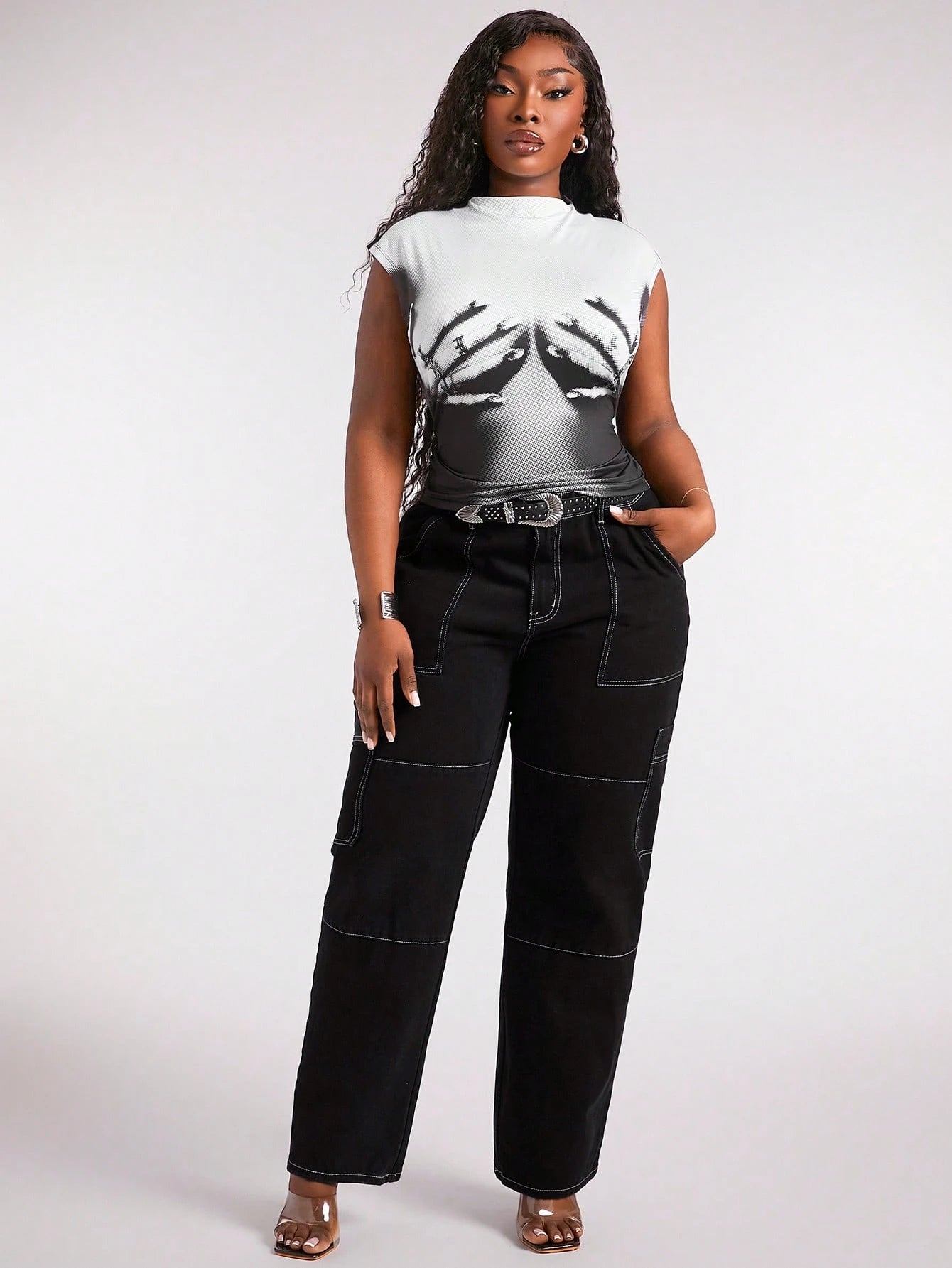 Radiana Plus Size Women's Realistic Body Print White Summer Casual Rock Bussines Concert Ruched Waist Cropped Fitted Tee,Street Style Music Festival Top