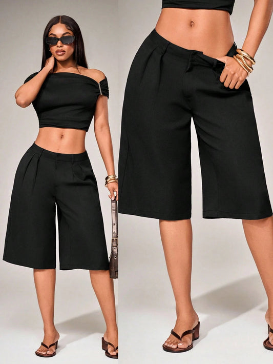 Radiana Women's Casual Black Summer Bermuda Shorts,Chic Low-Waist Loose Wide-Leg Suit Pants,Knee-Length Office Wear Jorts,City Break Minimalist Formal Shorts