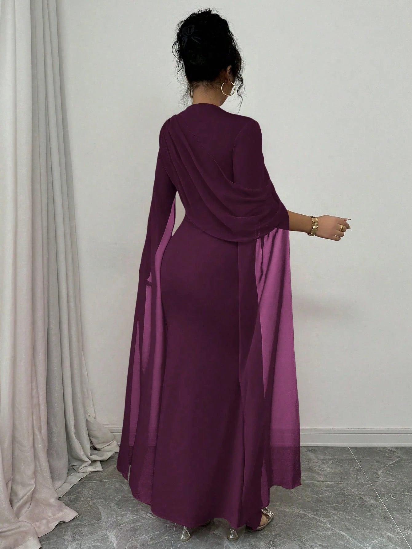 Rafferiza French Elegant Cocktail Party Ruched Sheer Wrap Dress, Bodycon Slit Flare Sleeve Knit Stretch Grape Purple Gown For Autumn/Winter