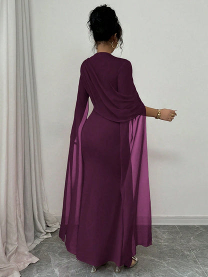 Rafferiza French Elegant Cocktail Party Ruched Sheer Wrap Dress, Bodycon Slit Flare Sleeve Knit Stretch Grape Purple Gown For Autumn/Winter