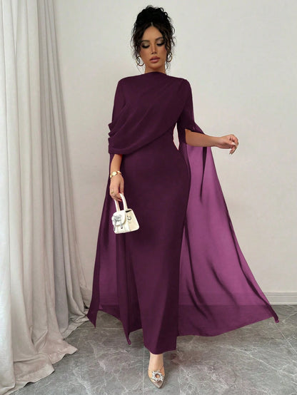 Rafferiza French Elegant Cocktail Party Ruched Sheer Wrap Dress, Bodycon Slit Flare Sleeve Knit Stretch Grape Purple Gown For Autumn/Winter