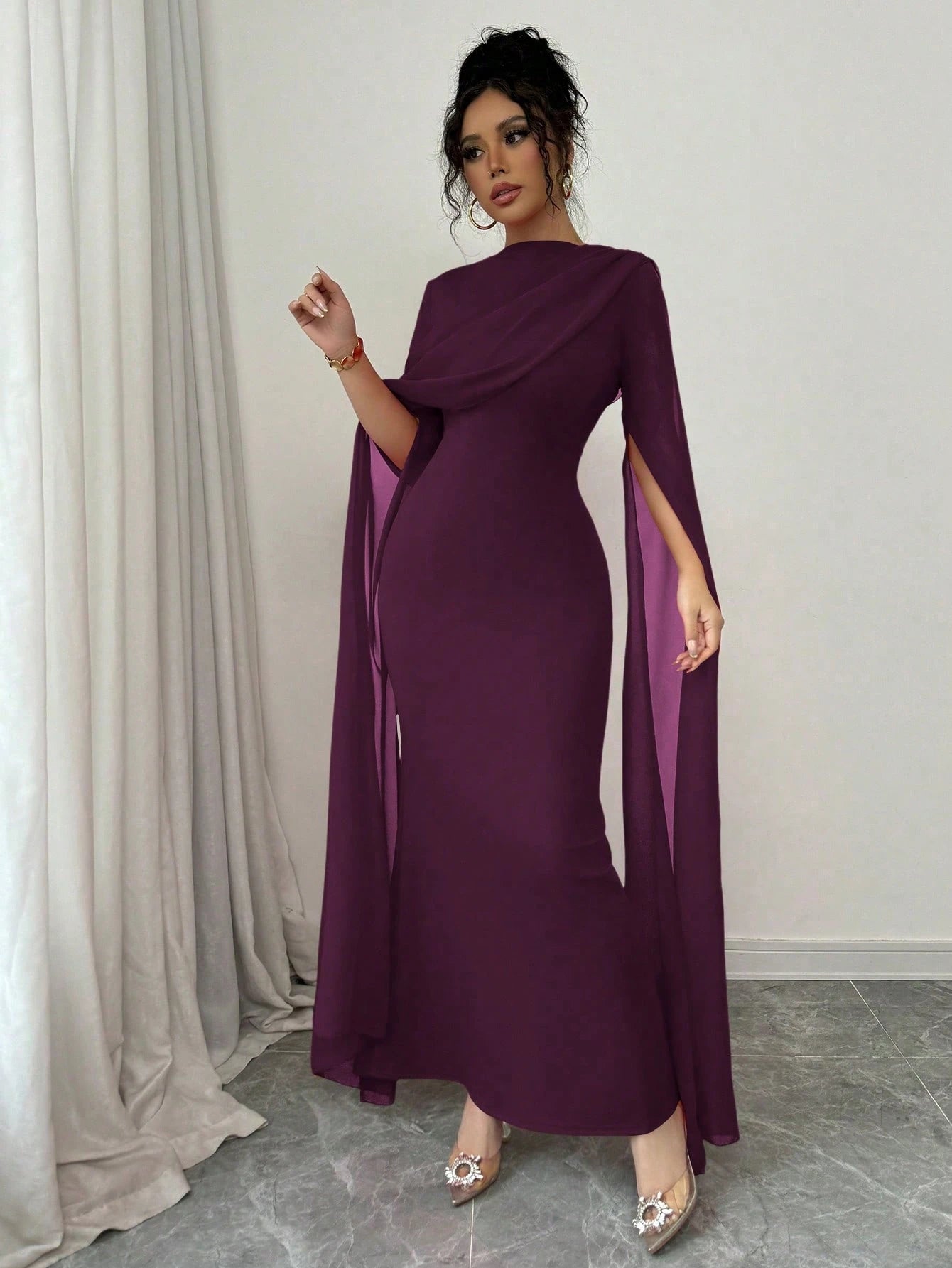 Rafferiza French Elegant Cocktail Party Ruched Sheer Wrap Dress, Bodycon Slit Flare Sleeve Knit Stretch Grape Purple Gown For Autumn/Winter
