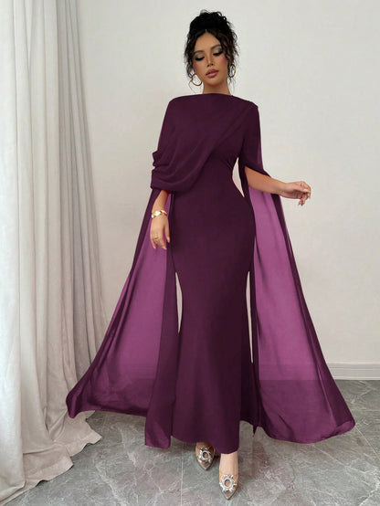 Rafferiza French Elegant Cocktail Party Ruched Sheer Wrap Dress, Bodycon Slit Flare Sleeve Knit Stretch Grape Purple Gown For Autumn/Winter
