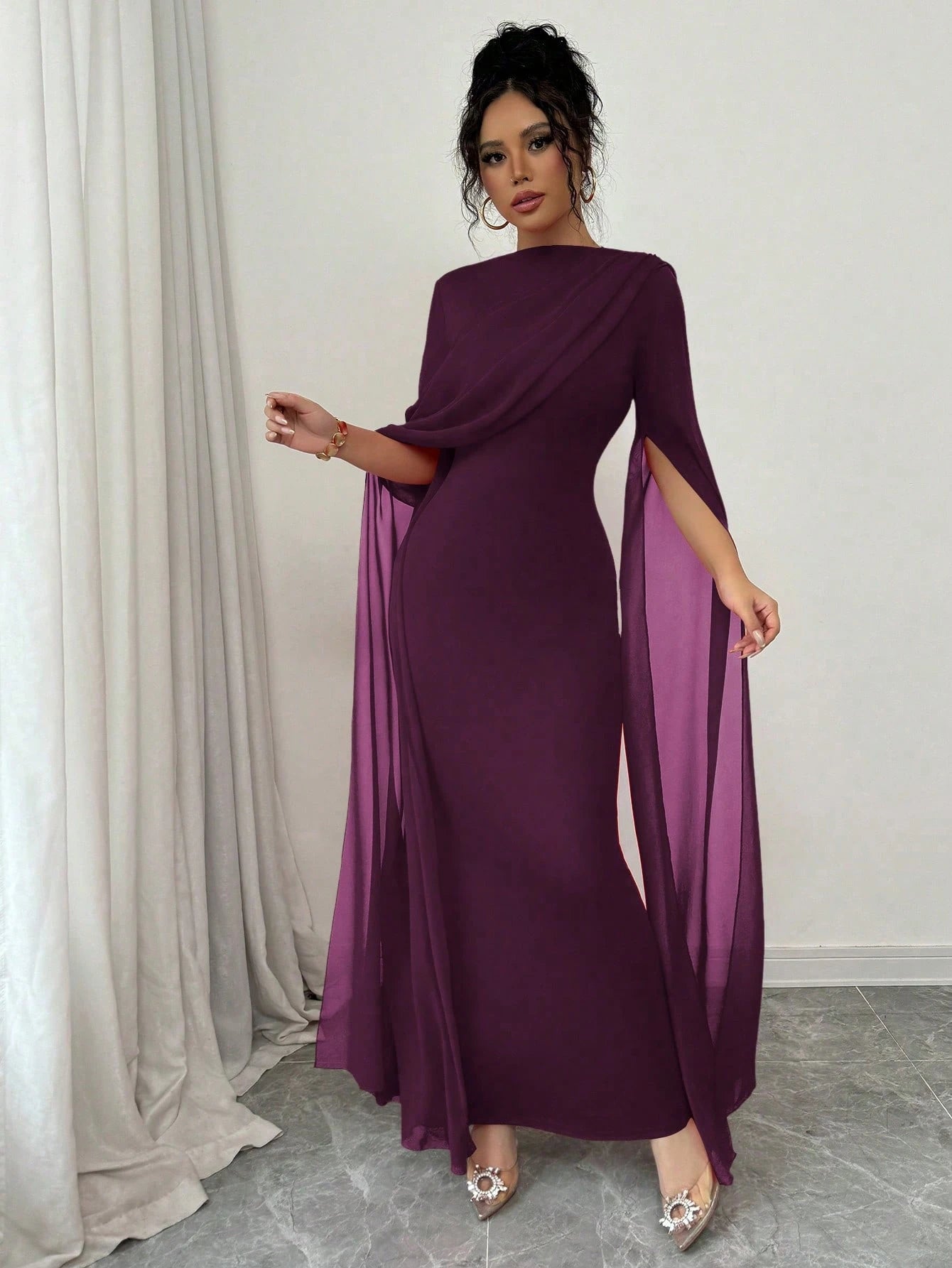 Rafferiza French Elegant Cocktail Party Ruched Sheer Wrap Dress, Bodycon Slit Flare Sleeve Knit Stretch Grape Purple Gown For Autumn/Winter