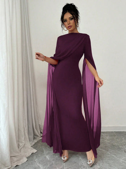 Rafferiza French Elegant Cocktail Party Ruched Sheer Wrap Dress, Bodycon Slit Flare Sleeve Knit Stretch Grape Purple Gown For Autumn/Winter