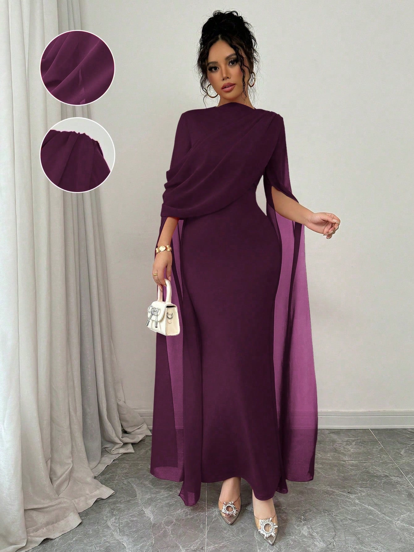 Rafferiza French Elegant Cocktail Party Ruched Sheer Wrap Dress, Bodycon Slit Flare Sleeve Knit Stretch Grape Purple Gown For Autumn/Winter