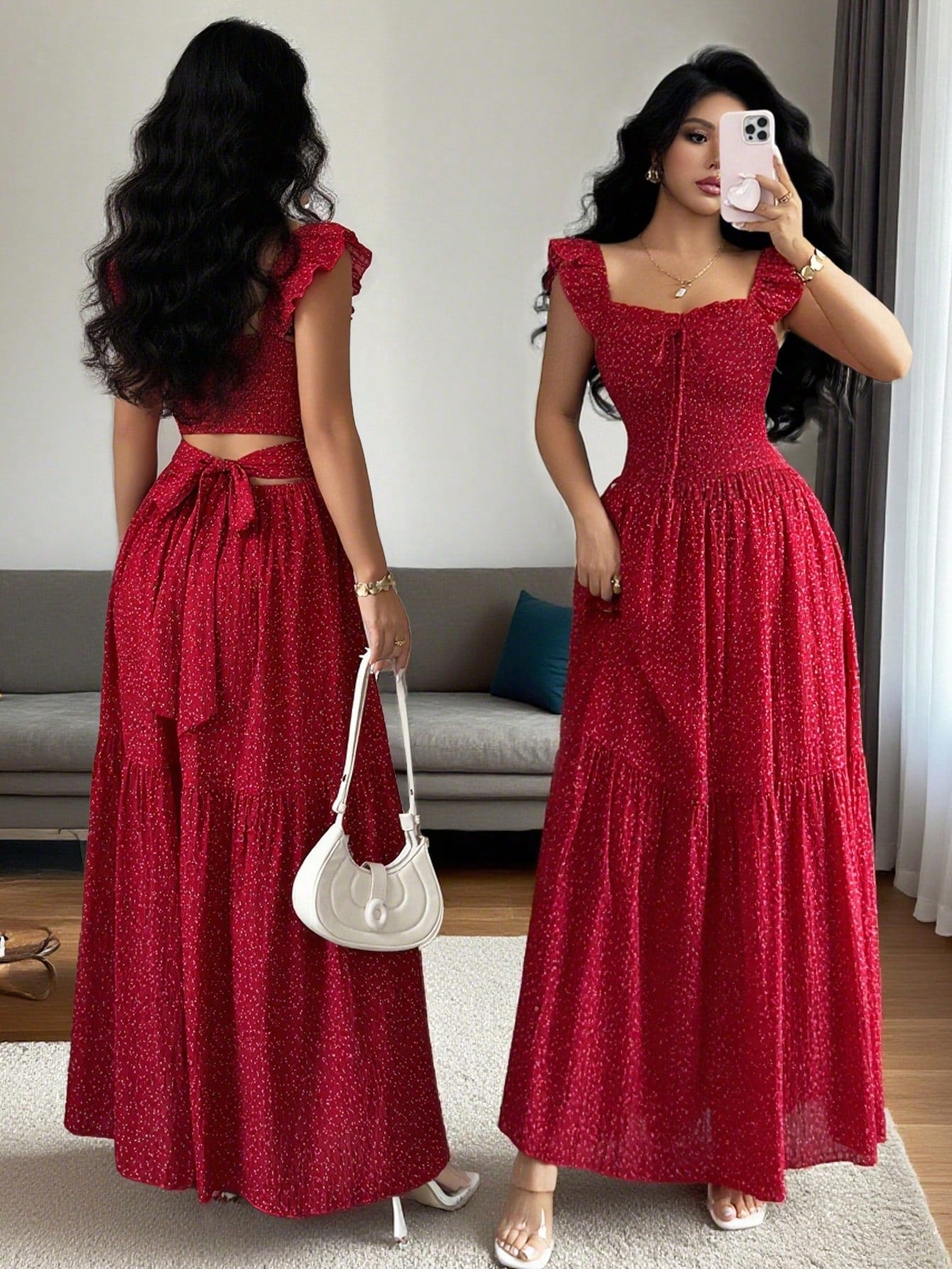 Rafferiza Petite Women's Red And White Polka Dot Summer Boho Holiday Vacation Dress,Square Neck Ruffled Sleeves Backless Bow-Tie Strap Pleated A-Line Long Maxi Dress,Petite Women