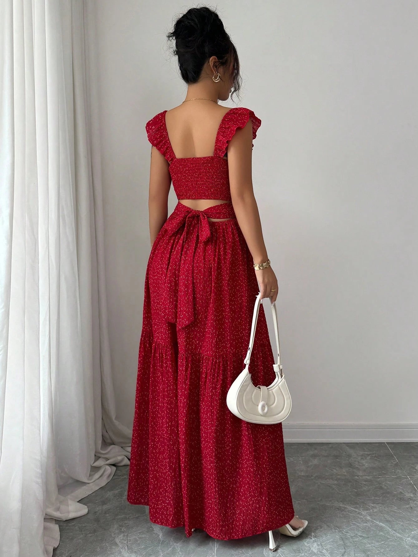 Rafferiza Petite Women's Red And White Polka Dot Summer Boho Holiday Vacation Dress,Square Neck Ruffled Sleeves Backless Bow-Tie Strap Pleated A-Line Long Maxi Dress,Petite Women