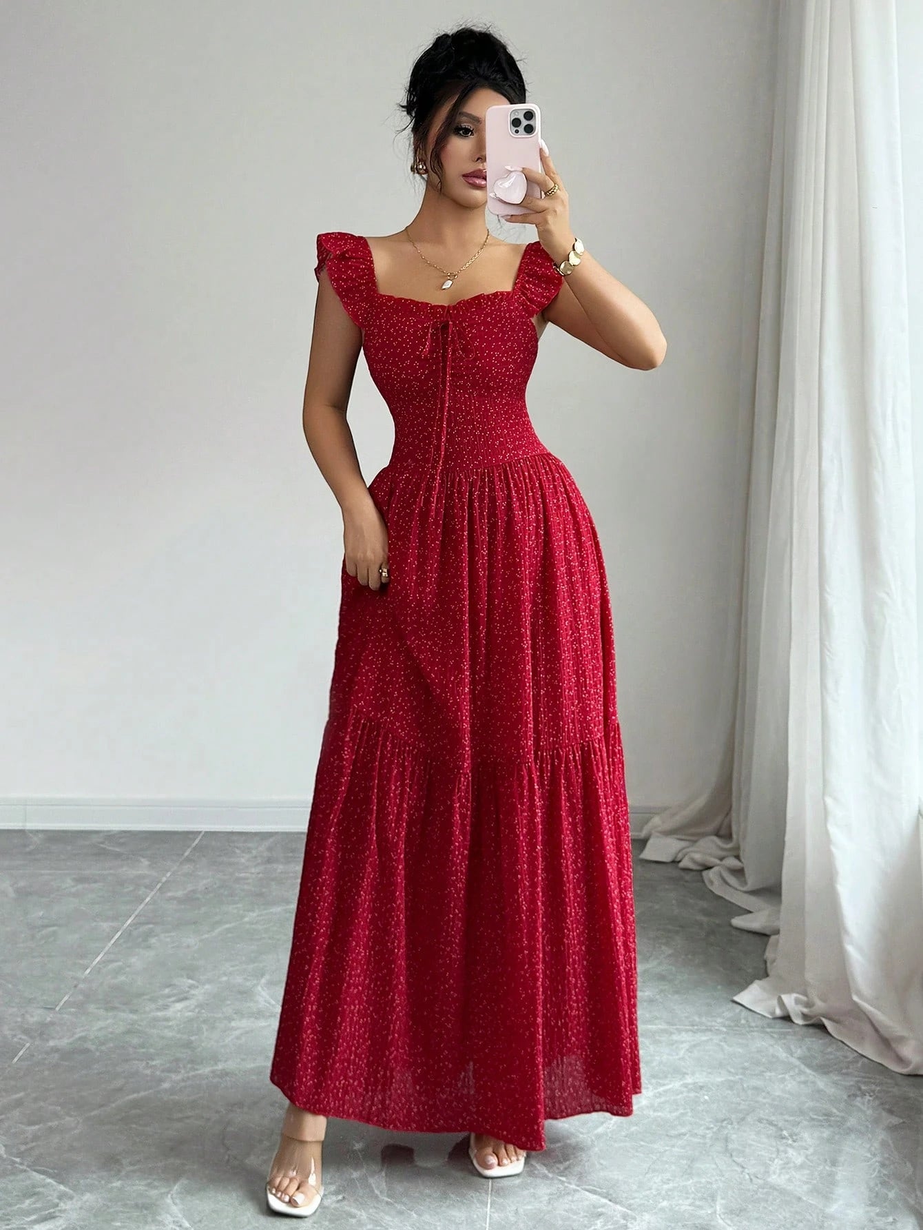 Rafferiza Petite Women's Red And White Polka Dot Summer Boho Holiday Vacation Dress,Square Neck Ruffled Sleeves Backless Bow-Tie Strap Pleated A-Line Long Maxi Dress,Petite Women