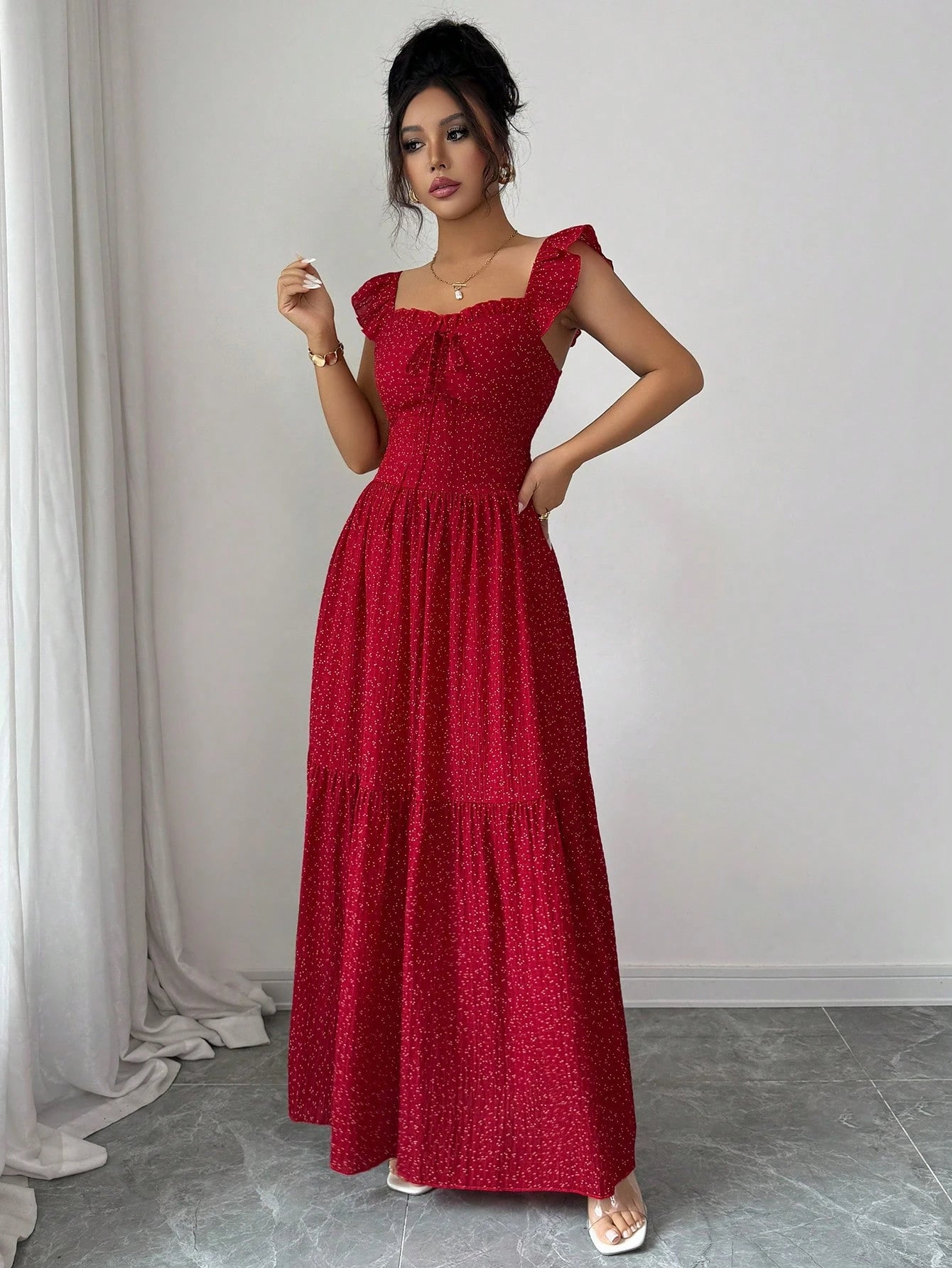 Rafferiza Petite Women's Red And White Polka Dot Summer Boho Holiday Vacation Dress,Square Neck Ruffled Sleeves Backless Bow-Tie Strap Pleated A-Line Long Maxi Dress,Petite Women