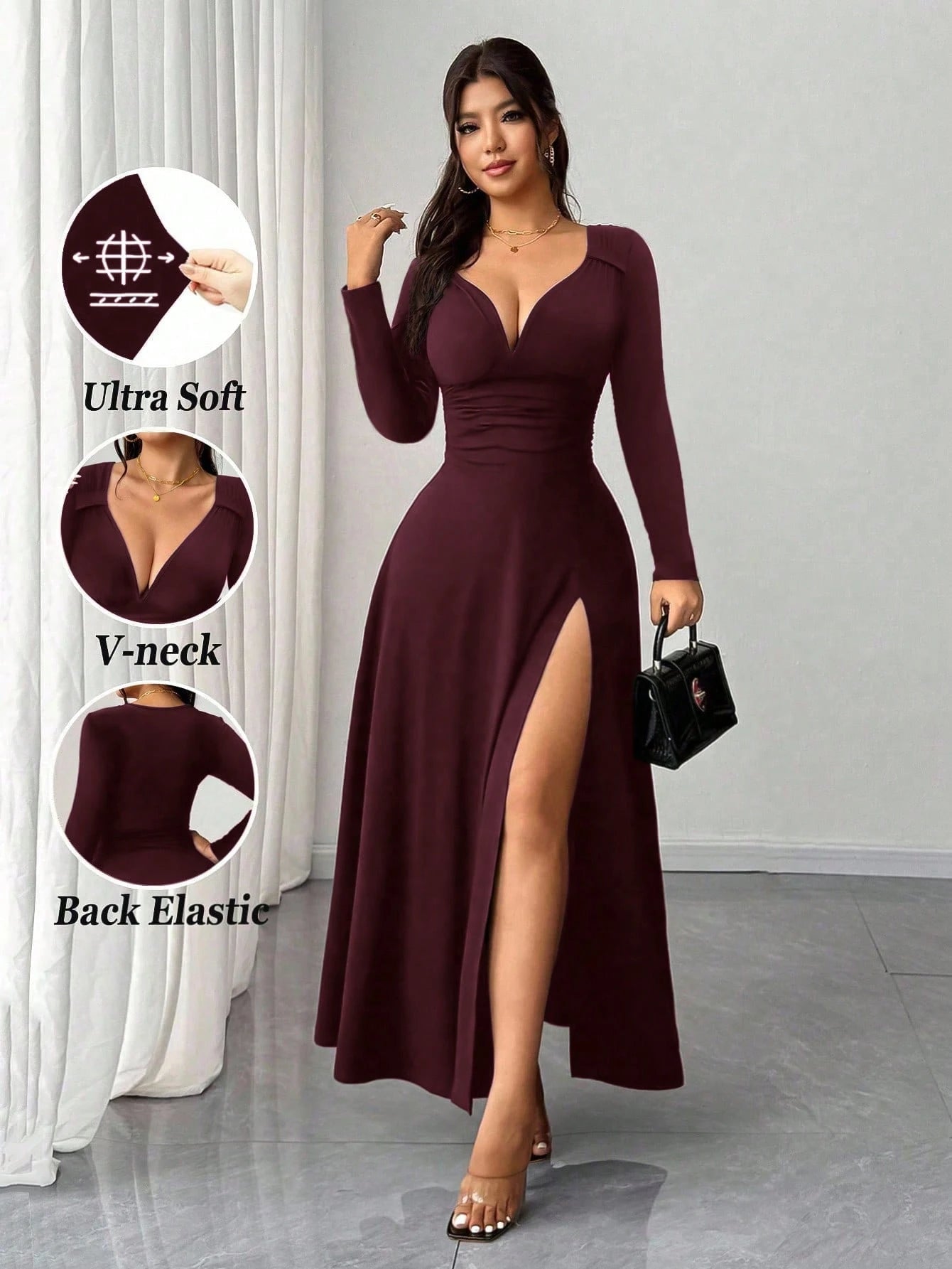 Rafferiza Women's Elegant Burgundy Winter Date Dress,Solid V-Neck High Stretch Bodycon Long Sleeve Slit Party Dress,Versatile Stylish Wedding Guest Outfit