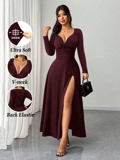 Rafferiza Women's Elegant Burgundy Winter Date Dress,Solid V-Neck High Stretch Bodycon Long Sleeve Slit Party Dress,Versatile Stylish Wedding Guest Outfit