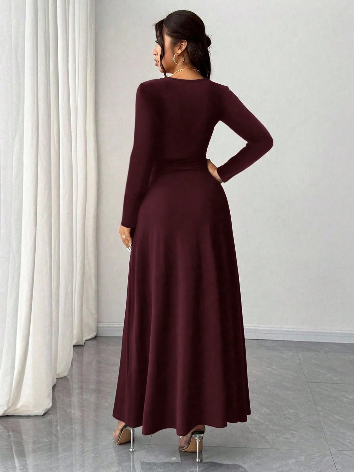 Rafferiza Women's Elegant Burgundy Winter Date Dress,Solid V-Neck High Stretch Bodycon Long Sleeve Slit Party Dress,Versatile Stylish Wedding Guest Outfit