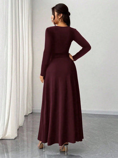 Rafferiza Women's Elegant Burgundy Winter Date Dress,Solid V-Neck High Stretch Bodycon Long Sleeve Slit Party Dress,Versatile Stylish Wedding Guest Outfit
