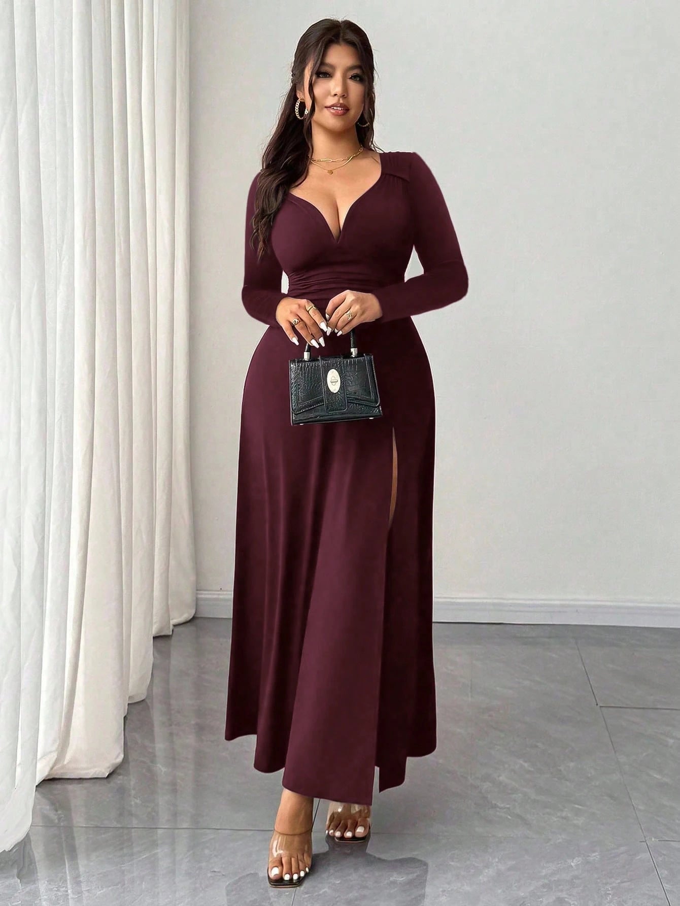 Rafferiza Women's Elegant Burgundy Winter Date Dress,Solid V-Neck High Stretch Bodycon Long Sleeve Slit Party Dress,Versatile Stylish Wedding Guest Outfit