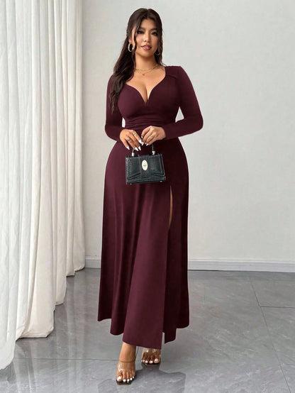 Rafferiza Women's Elegant Burgundy Winter Date Dress,Solid V-Neck High Stretch Bodycon Long Sleeve Slit Party Dress,Versatile Stylish Wedding Guest Outfit