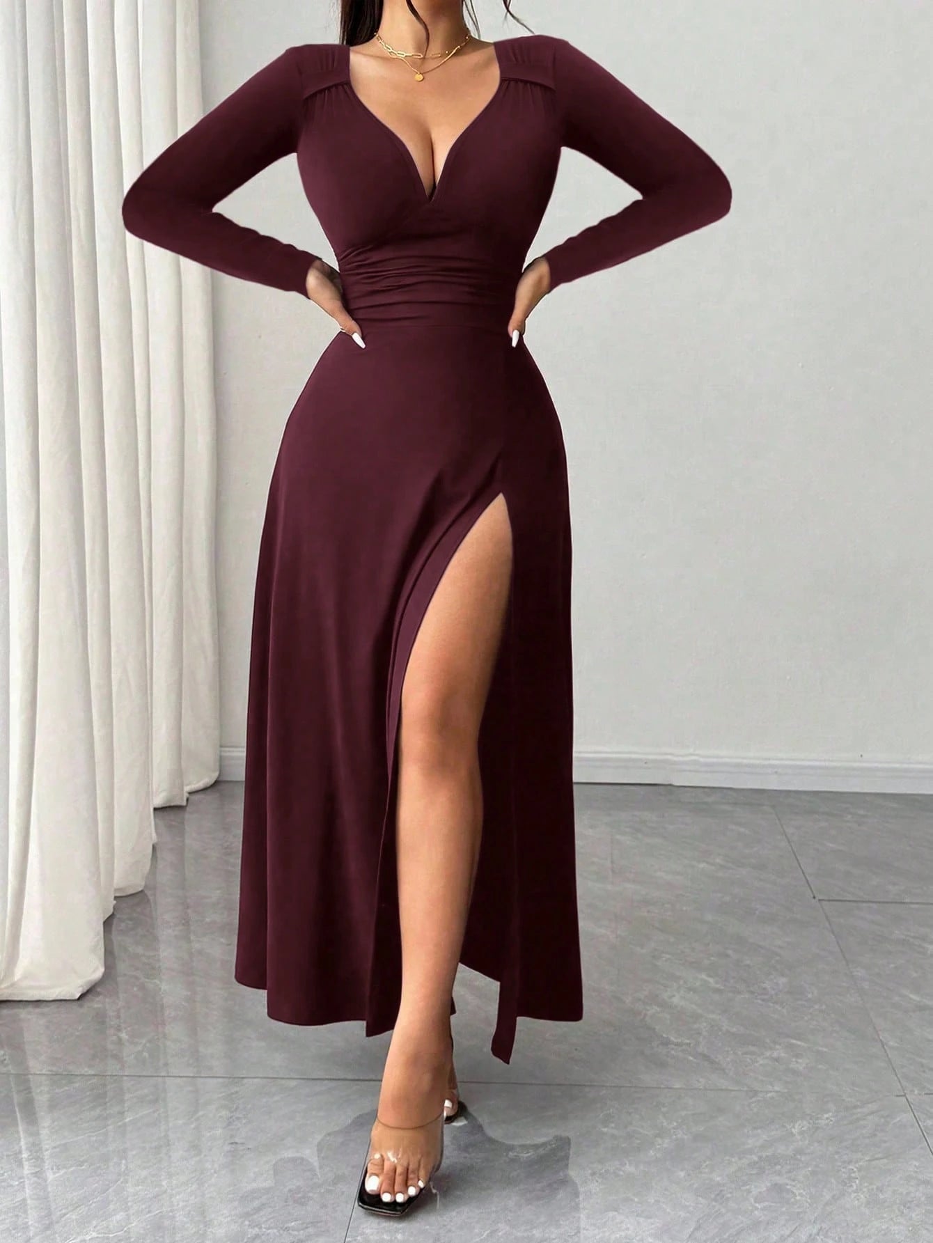 Rafferiza Women's Elegant Burgundy Winter Date Dress,Solid V-Neck High Stretch Bodycon Long Sleeve Slit Party Dress,Versatile Stylish Wedding Guest Outfit