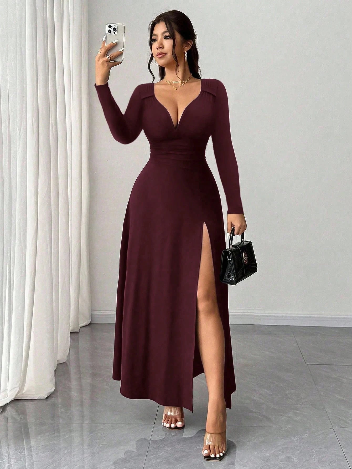 Rafferiza Women's Elegant Burgundy Winter Date Dress,Solid V-Neck High Stretch Bodycon Long Sleeve Slit Party Dress,Versatile Stylish Wedding Guest Outfit