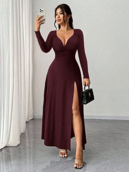 Rafferiza Women's Elegant Burgundy Winter Date Dress,Solid V-Neck High Stretch Bodycon Long Sleeve Slit Party Dress,Versatile Stylish Wedding Guest Outfit