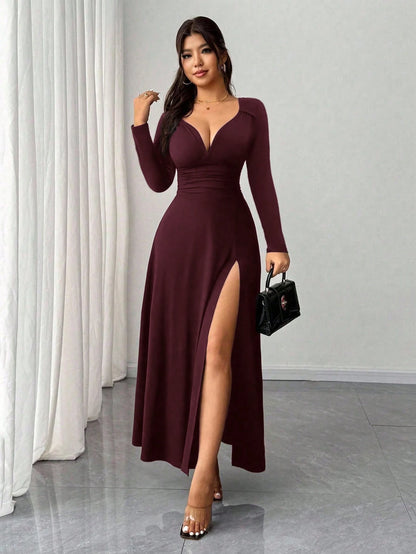 Rafferiza Women's Elegant Burgundy Winter Date Dress,Solid V-Neck High Stretch Bodycon Long Sleeve Slit Party Dress,Versatile Stylish Wedding Guest Outfit