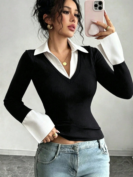 Raffinéa Black And White Striped Print Contrast Women's Simple V-Neck Polo Collar Stretch Base Slim Top Casual School Office Outfits Autumn T-Shirt
