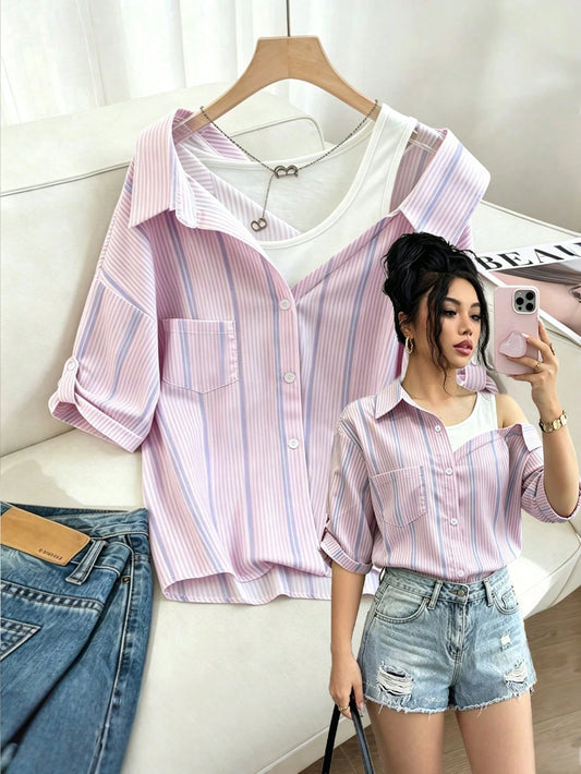 Raffinéa Women's Pink And White Striped Shirt,Fake Camisole Strap Cold Shoulder Mid-Sleeve 2 In 1,Elegant Casual Summer Vacation Commute Fashion