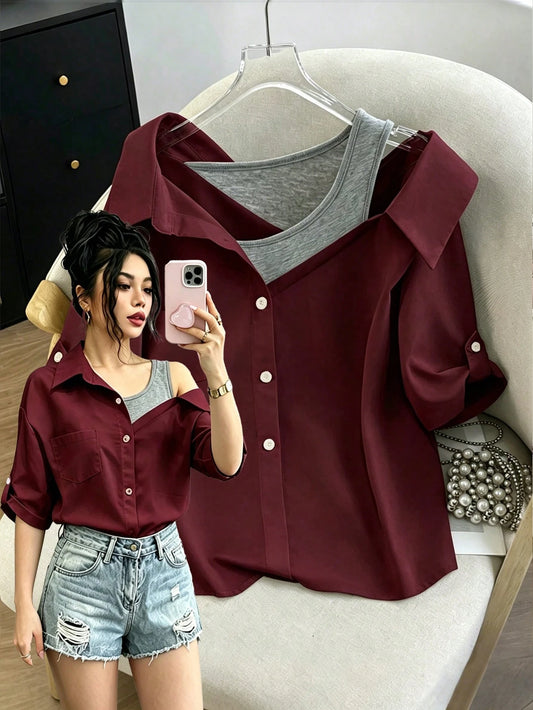 Raffinéa Women's Regular White Shirt With Fake Camisole Strap, Cold Shoulder Mid-Sleeve 2 In 1, Elegant Casual Commute Fashion Party Business Versatile