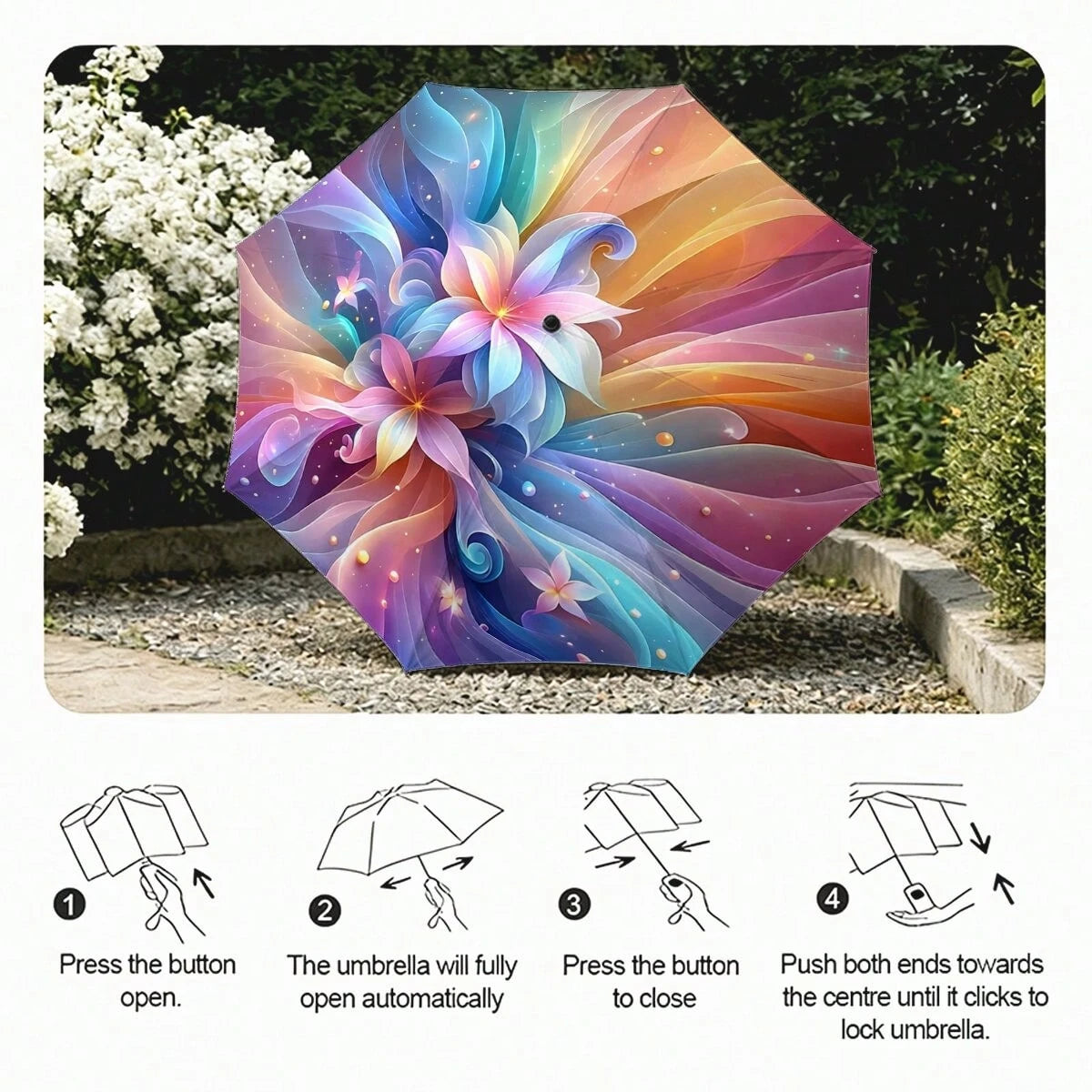 Rainbow Gradient Fluid Flower Auto Fold Umbrella UPF50+ Waterproof Windproof Portable Sun Rain Parasol Fantasy Aesthetic Gift