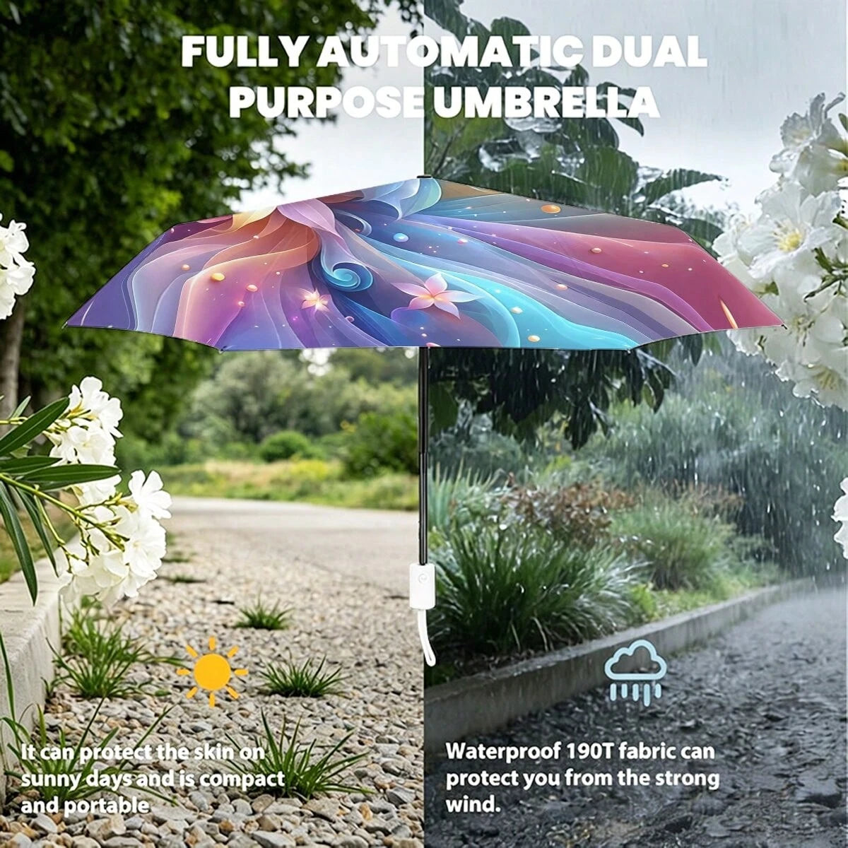 Rainbow Gradient Fluid Flower Auto Fold Umbrella UPF50+ Waterproof Windproof Portable Sun Rain Parasol Fantasy Aesthetic Gift