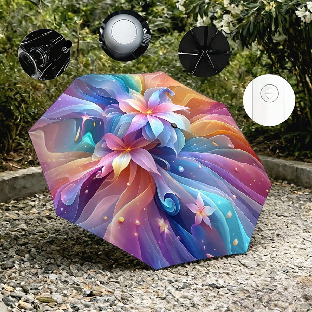 Rainbow Gradient Fluid Flower Auto Fold Umbrella UPF50+ Waterproof Windproof Portable Sun Rain Parasol Fantasy Aesthetic Gift