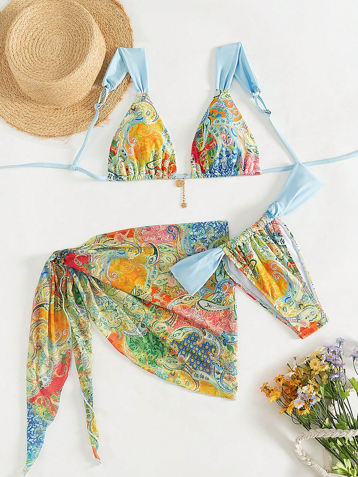Random Paisley Print Light Blue Thick Strap Gold Trim Women's 3 Pieces Swimsuit Set Beach Vacation Style Summer