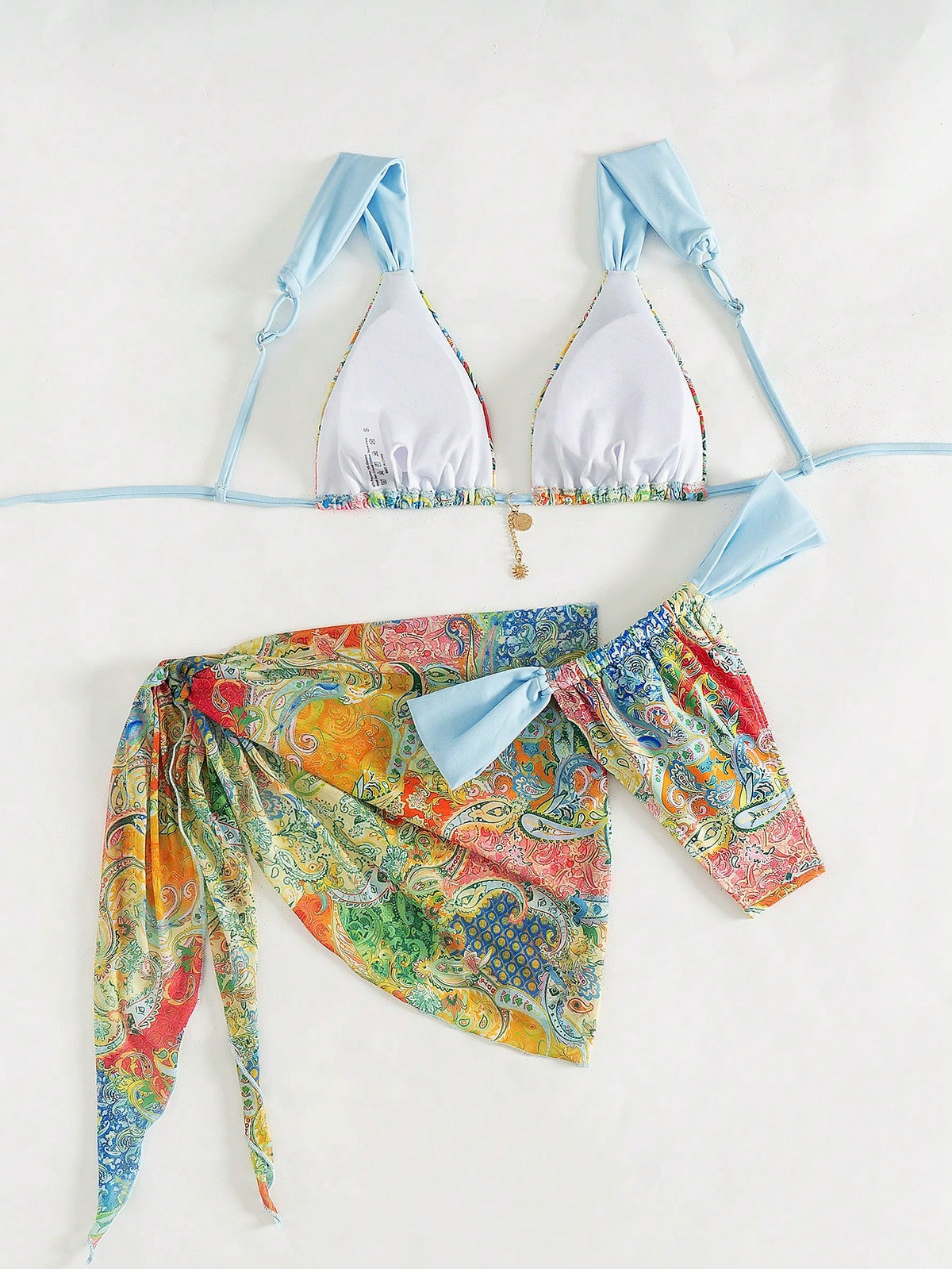 Random Paisley Print Light Blue Thick Strap Gold Trim Women's 3 Pieces Swimsuit Set Beach Vacation Style Summer