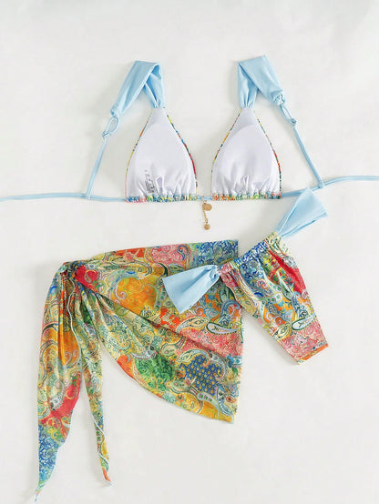 Random Paisley Print Light Blue Thick Strap Gold Trim Women's 3 Pieces Swimsuit Set Beach Vacation Style Summer