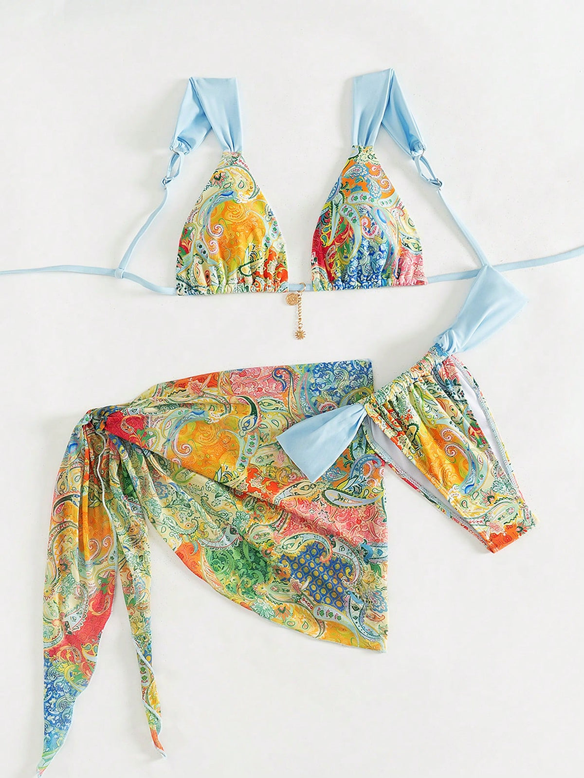 Random Paisley Print Light Blue Thick Strap Gold Trim Women's 3 Pieces Swimsuit Set Beach Vacation Style Summer