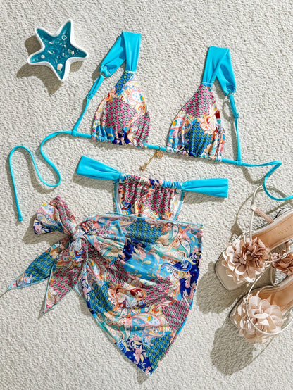 Random Paisley Print Light Blue Thick Strap Gold Trim Women's 3 Pieces Swimsuit Set Beach Vacation Style Summer