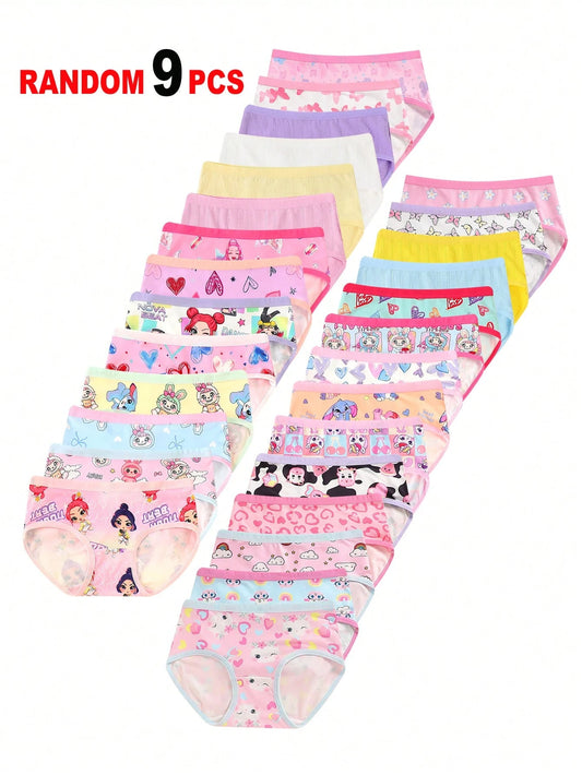 Randomly 9Pcs Girls Cartoon Animal, Heart, Rainbow, Cloud Print Minimalist Fashion Briefs Underwear