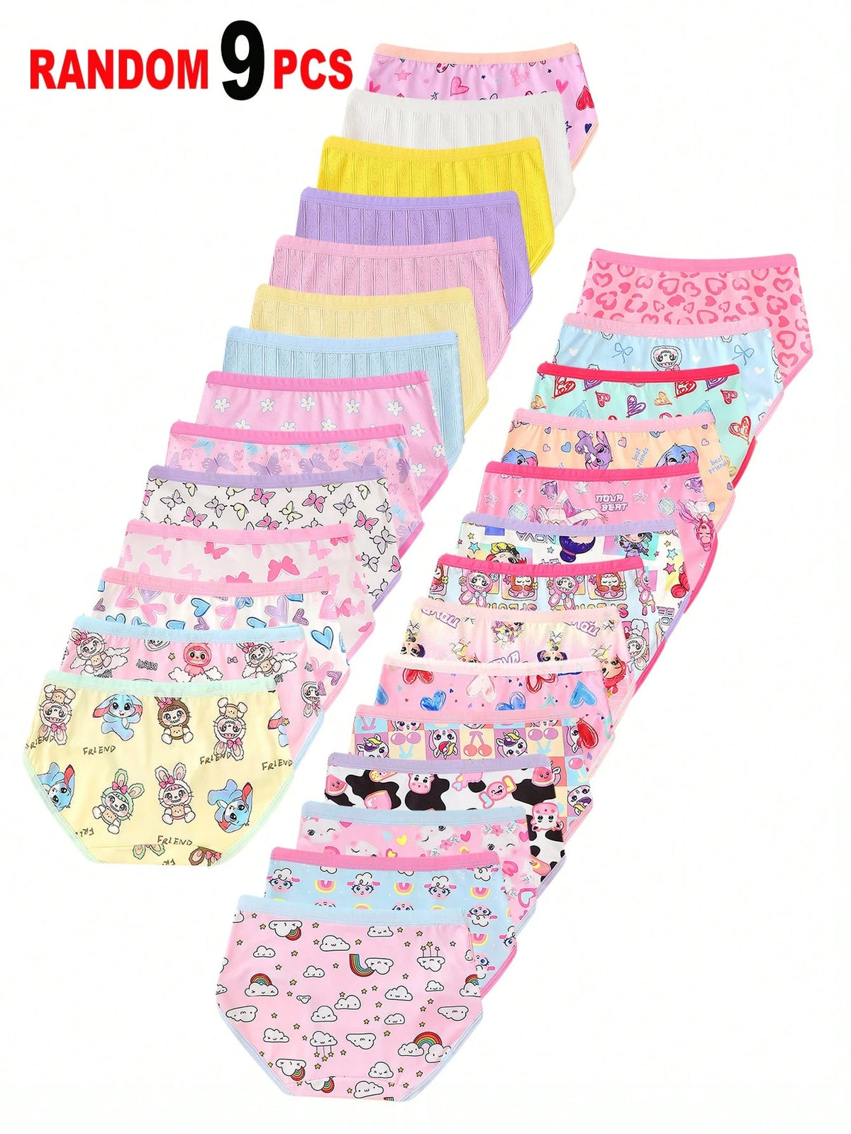 Randomly 9Pcs Girls Cartoon Animal, Heart, Rainbow, Cloud Print Minimalist Fashion Briefs Underwear