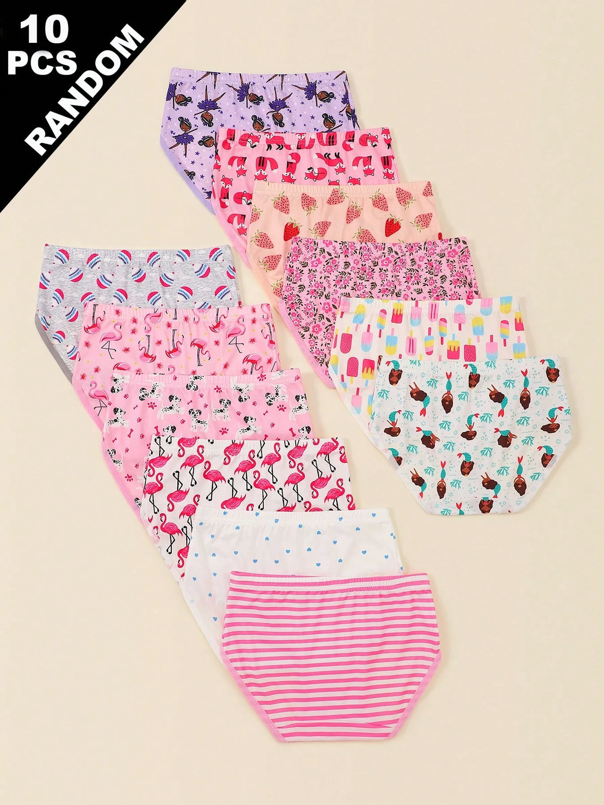Randomly 9Pcs Girls Cartoon Animal, Heart, Rainbow, Cloud Print Minimalist Fashion Briefs Underwear