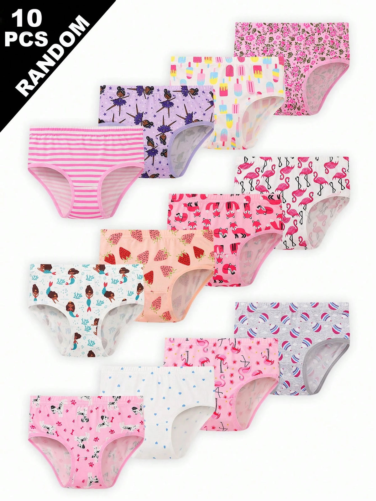 Randomly 9Pcs Girls Cartoon Animal, Heart, Rainbow, Cloud Print Minimalist Fashion Briefs Underwear