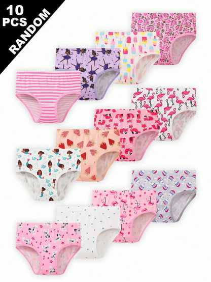 Randomly 9Pcs Girls Cartoon Animal, Heart, Rainbow, Cloud Print Minimalist Fashion Briefs Underwear