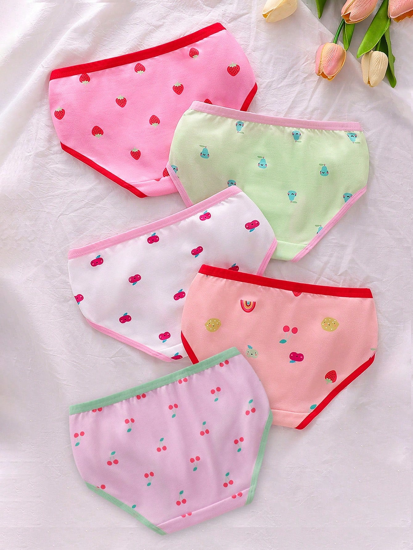 Randomly Ships 5 Of 9 Pcs Cute Girls Young Girl Cute Fruit Print Series Sweet Minimalist Basic Soft Comfortable Colorful Triangle Panties Underwear