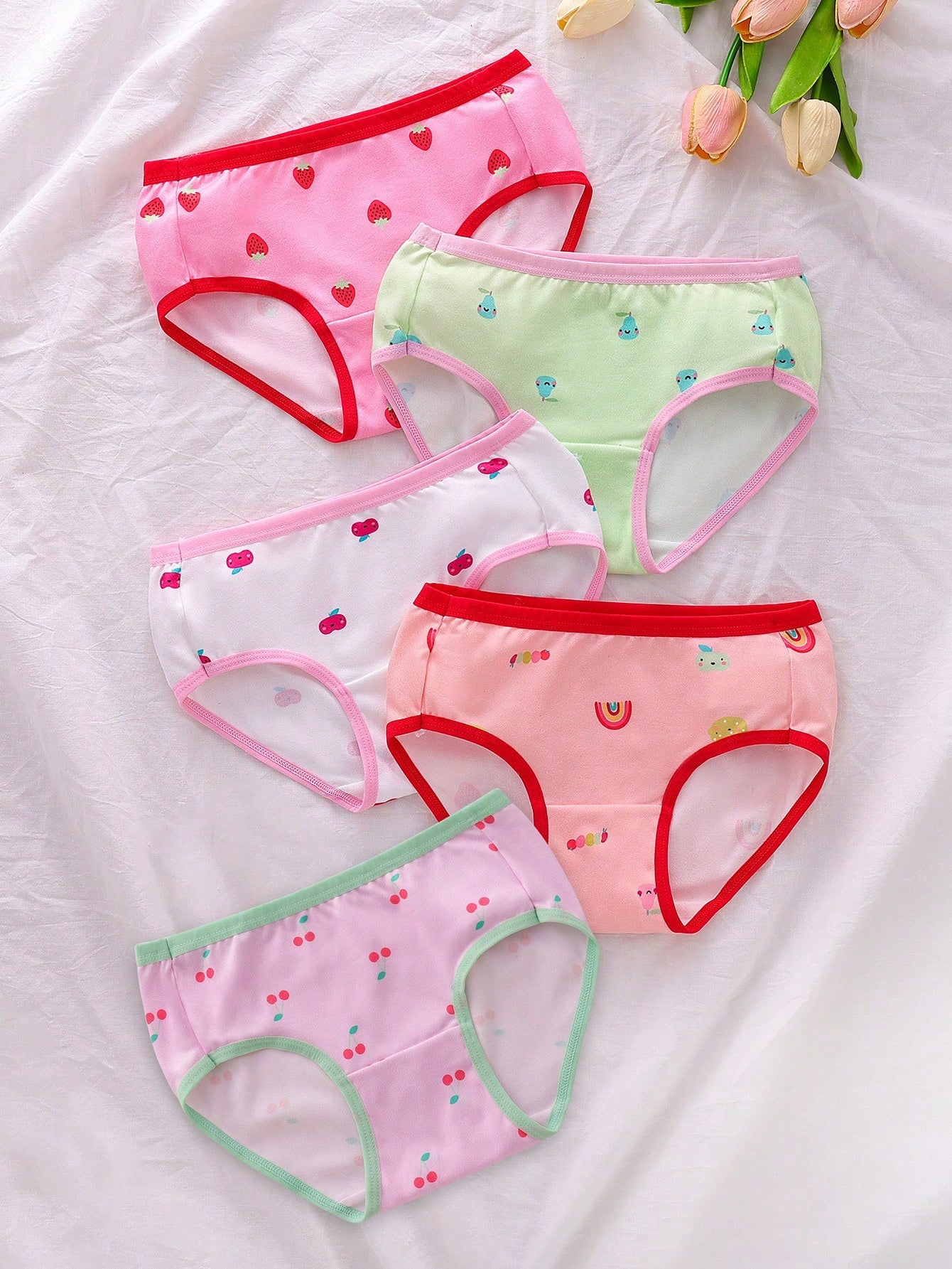 Randomly Ships 5 Of 9 Pcs Cute Girls Young Girl Cute Fruit Print Series Sweet Minimalist Basic Soft Comfortable Colorful Triangle Panties Underwear