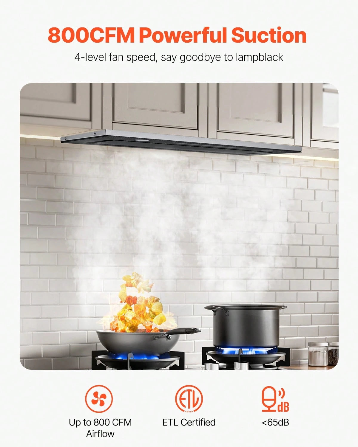 Range Hood Insert, 30 Inch Built-In Kitchen Vent Hood, 800CFM Stainless Steel Stove Hood, With Gesture & Touch Control, LED Light, Baffle Filters, 4-Speed Exhaust Fan, Ducted/Ductless Convertible