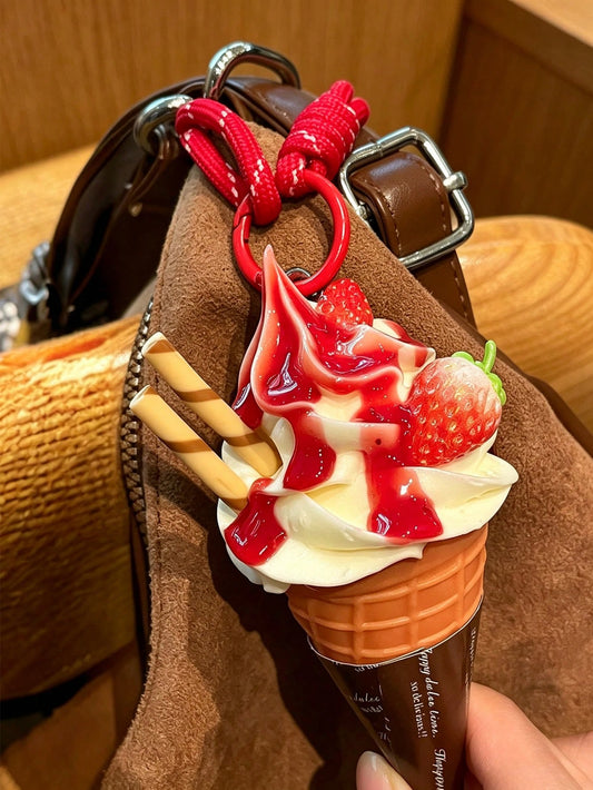 Realistic Ice Cream Cone Pendant Charm, Strawberry Cherry Fruit Cream Ice Cream Keychain, Sweet 3D Creative Bag Accessory, Fashionable Versatile Novelty Gift, Back To School Season Gift, Birthday Part