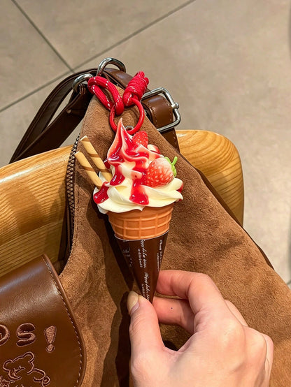 Realistic Ice Cream Cone Pendant Charm, Strawberry Cherry Fruit Cream Ice Cream Keychain, Sweet 3D Creative Bag Accessory, Fashionable Versatile Novelty Gift, Back To School Season Gift, Birthday Part