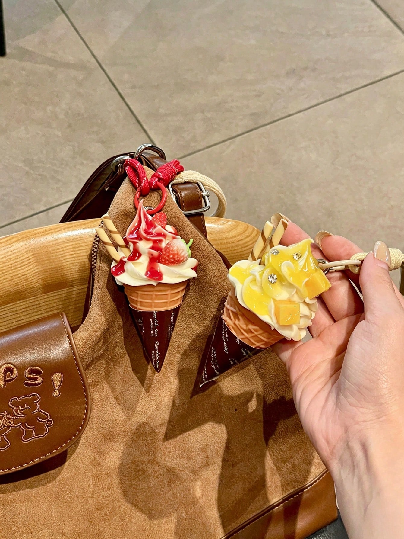 Realistic Ice Cream Cone Pendant Charm, Strawberry Cherry Fruit Cream Ice Cream Keychain, Sweet 3D Creative Bag Accessory, Fashionable Versatile Novelty Gift, Back To School Season Gift, Birthday Part