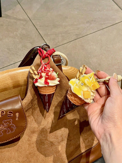 Realistic Ice Cream Cone Pendant Charm, Strawberry Cherry Fruit Cream Ice Cream Keychain, Sweet 3D Creative Bag Accessory, Fashionable Versatile Novelty Gift, Back To School Season Gift, Birthday Part