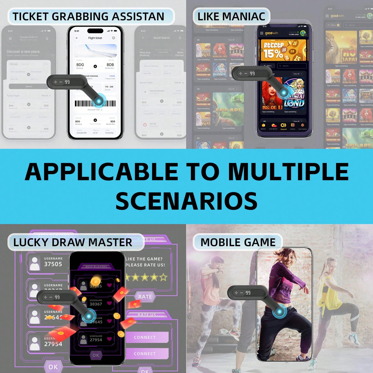 Rechargeable Auto Clicker, Phone Screen Device Speed Clicker For Phone Pad Android, Silent & 99 Adjustable Speeds, Smart Tapper Game, Live Broadcasts Likes, Reward Task